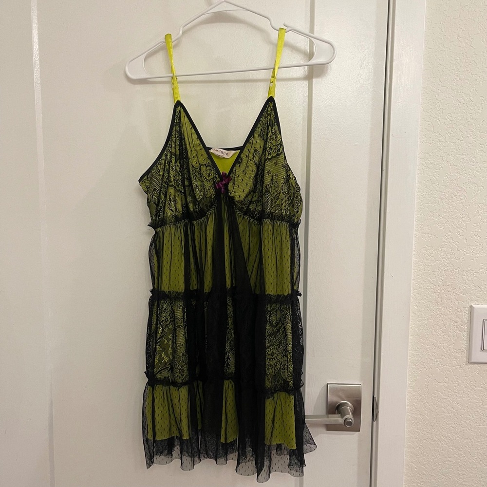 Vintage Cacique Whimseygoth Neon Black Mini Babydoll Lingerie Dress Halloween